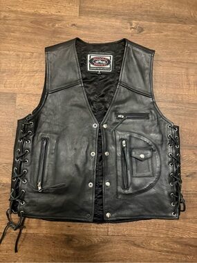 River Road Black Leather Biker Vest with Lace-up Sides size M